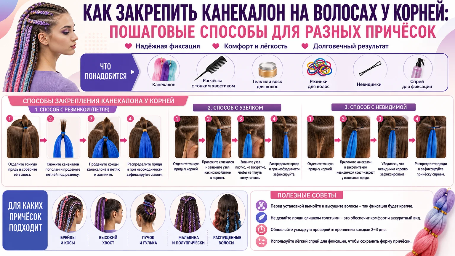Как закрепить канекалон на волосах у корней: пошаговые способы для разных причёсок