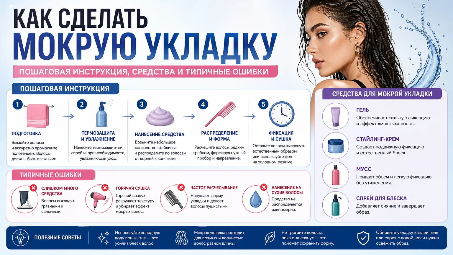 Как сделать мокрую укладку: пошаговая инструкция, средства и типичные ошибки